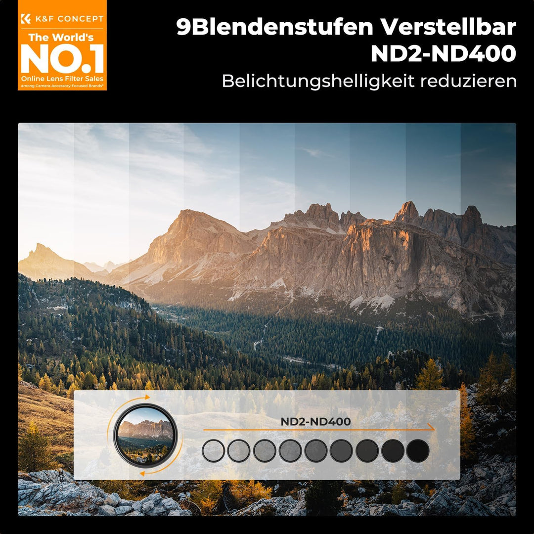 K&F Concept B-Serie 40.5mm ND Filter Variabler ND2-ND400 (1-9 Stop) Slim Neutral Graufilter, 40,5mm