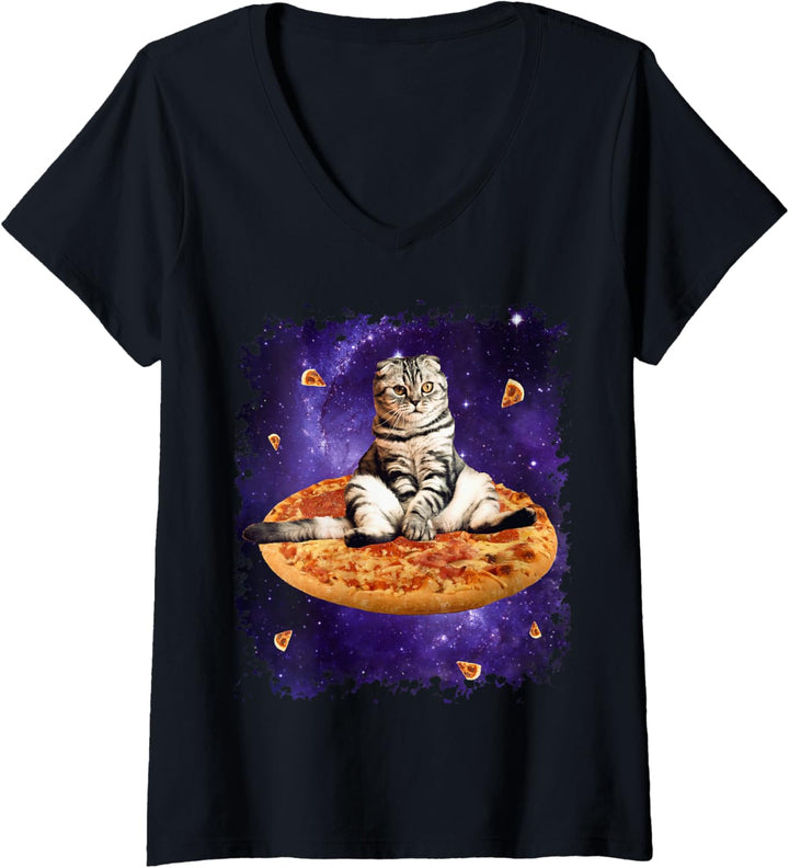 Weltraum Pizza Katze T-Shirt mit V-Ausschnitt