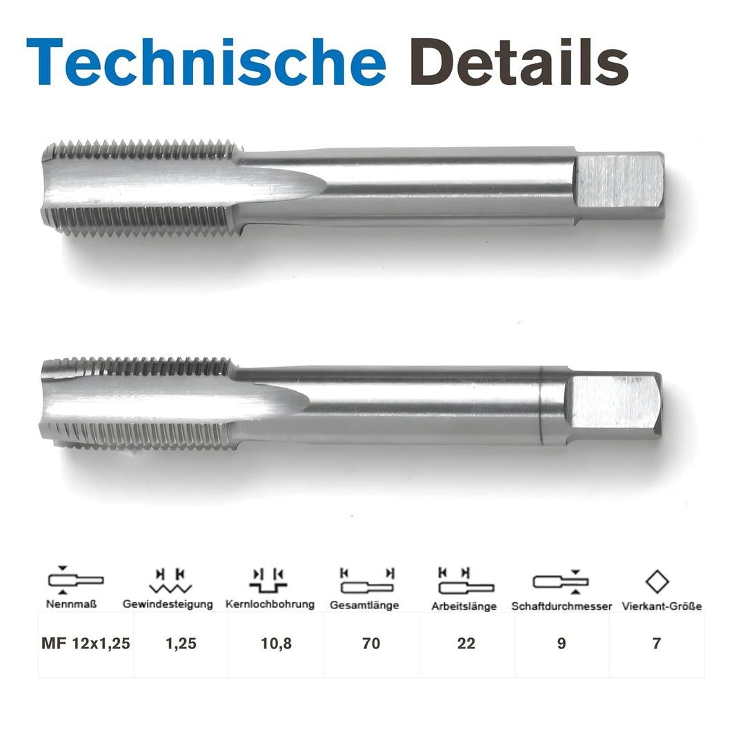 Handgewindebohrer Satz MF12 | 2-teilig | DIN 2181 HSS-G | Gewindeschneider MF 12 x 1,25 | Gewindeboh