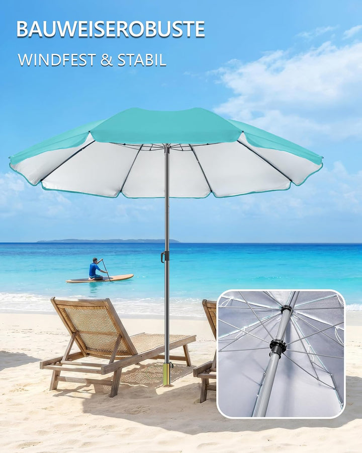 4smile Sonnenschirm Strand Ø 180 cm, 3-in-1 SET mit Rasendorn, Türkis | Strandschirm windfest stabil