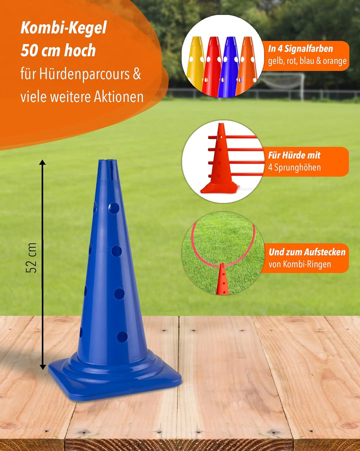 Kombi Kegel 50 cm – 4 im Set – Parcours-Hindernis für Agility-Training – Sprung- & Slalom-Hütchen fü