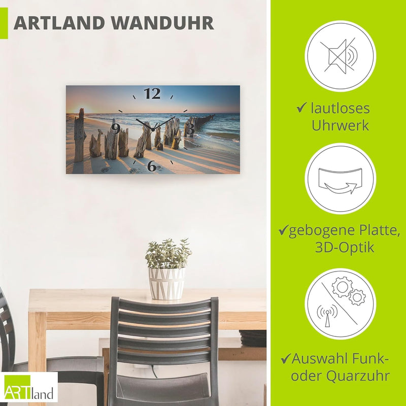 ARTLAND Wanduhr ohne Tickgeräusche Alu Funkuhr lautlos 60x30 cm Rechteckig Strandbilder Meer Sonnenu