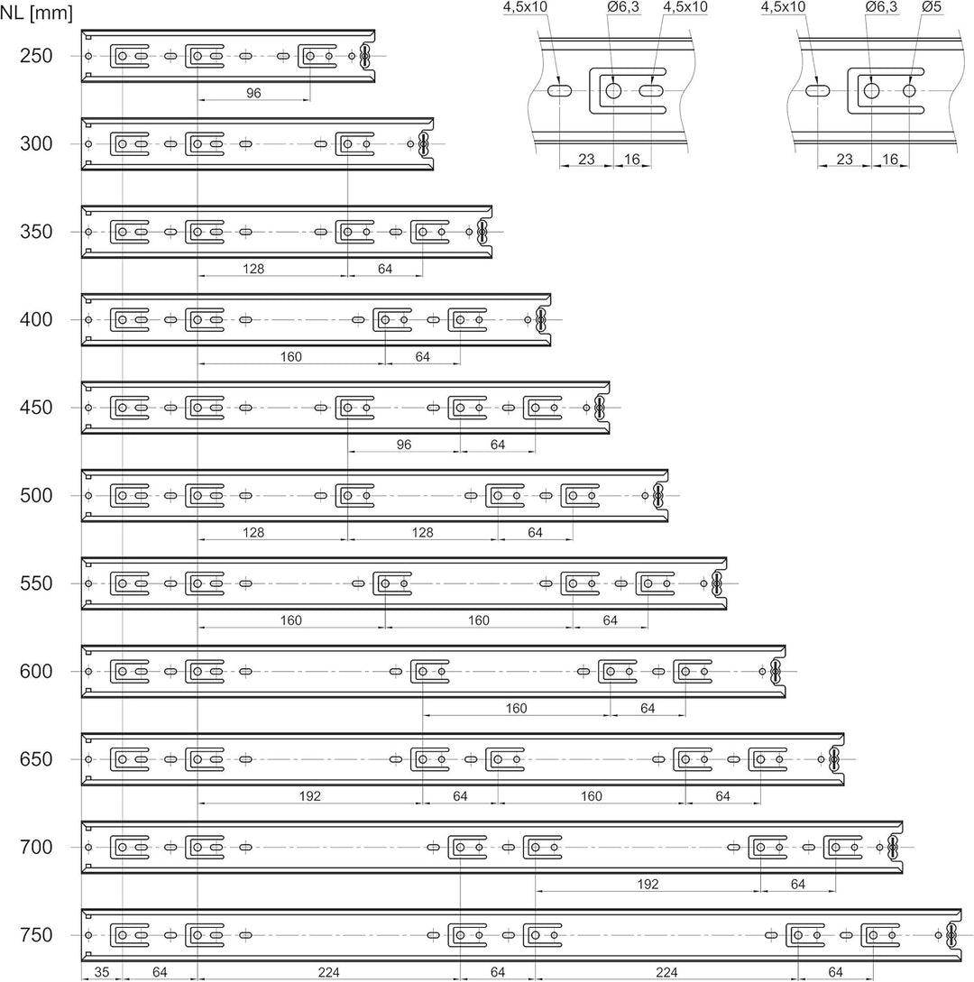 SOTECH 2 Paar (4 Stück) Vollauszüge KV3-45-H45-L550-NF schwarz 550 mm (eingeschoben) Schubladenauszü
