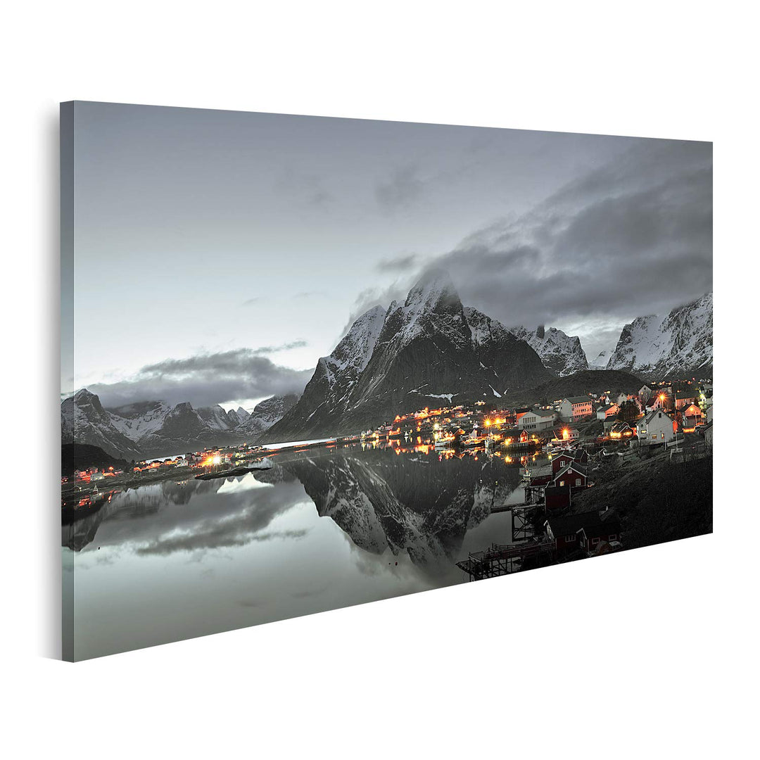 islandburner Bild auf Leinwand Sonnenuntergang Dorf Lofoten Inseln Norwegen Bilder Wandbilder Poster