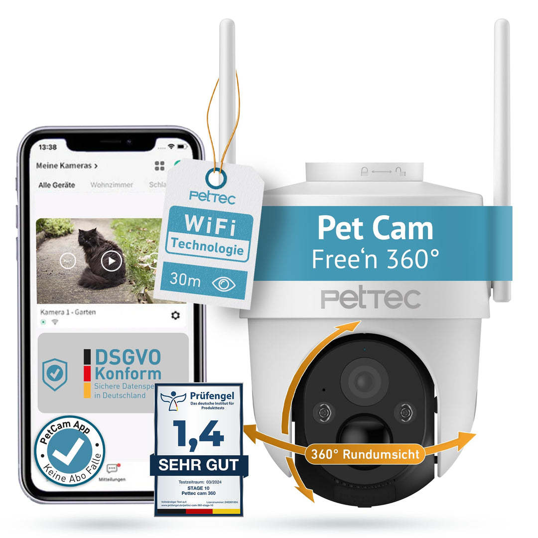 PetTec - Pet Cam Free'n 360 Überwachungskamera Wi-Fi/WLAN 2.4GHz mit Akku & Pan&Tilt Funktion [OHNE
