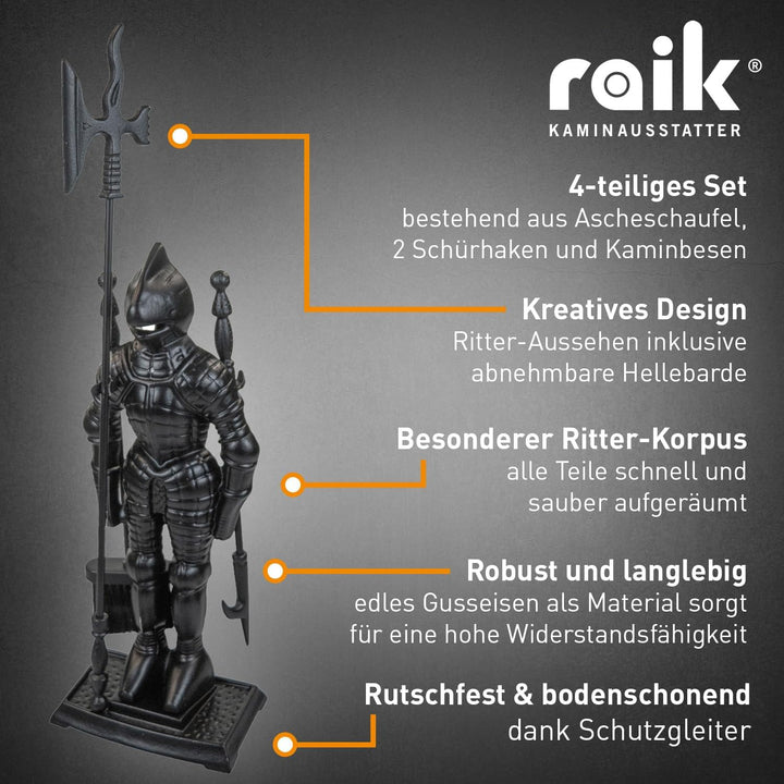 Raik Kaminbesteck Ritter Hubert Kamingarnitur aus Gusseisen schwarz Statuenform mit Kaminschaufel Ka