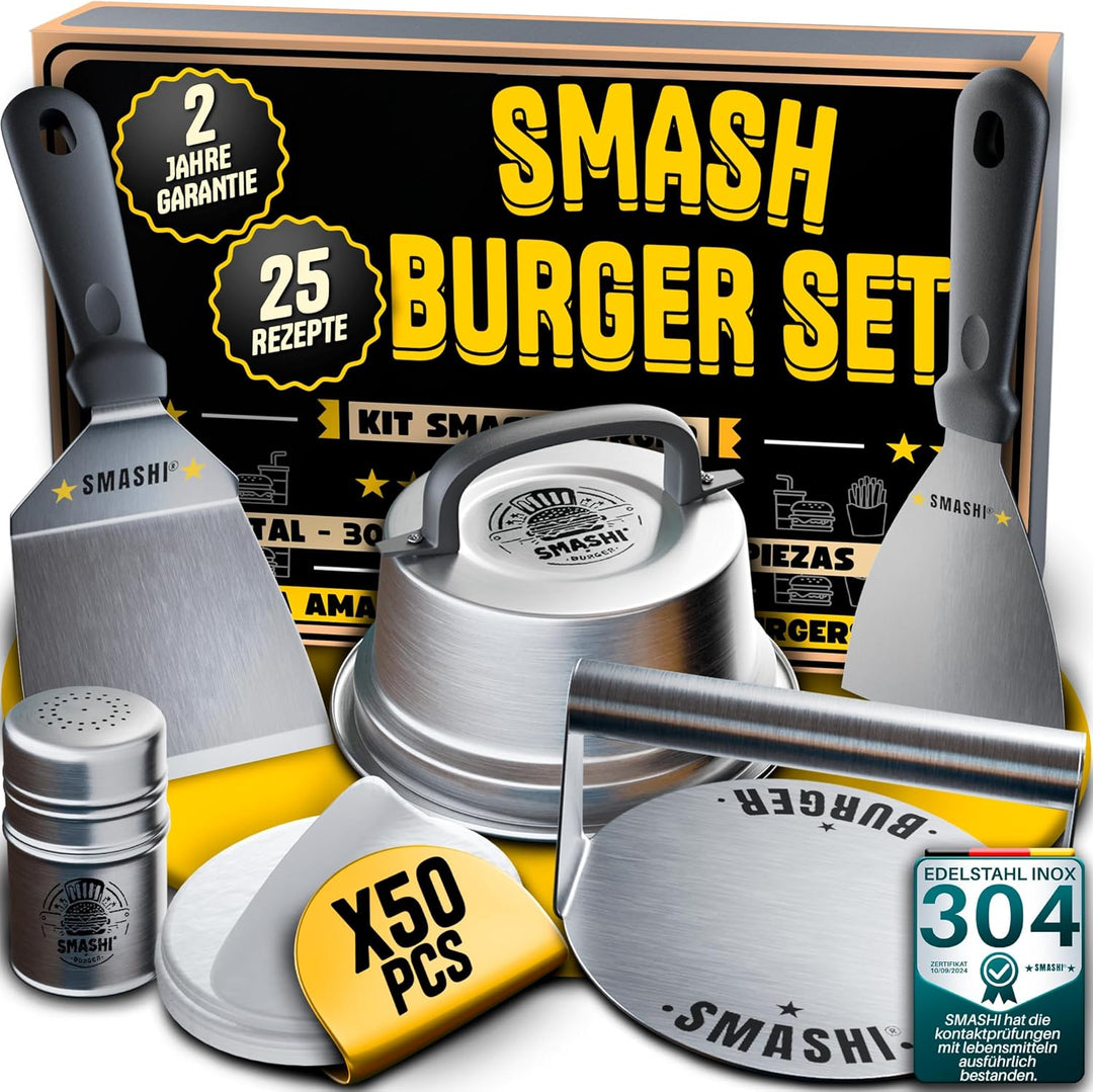 SMASHI® Smash Burger Set Professionell aus Edelstahl 304 – Burgerpresse, 2 Spachtel, Burgerglocke, G