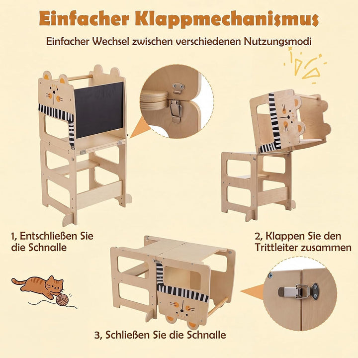 COSTWAY 3 in 1 Lernturm klappbar aus Holz, 50 kg belastbar, Natur | Tritthocker mit Tafel in Katzenf