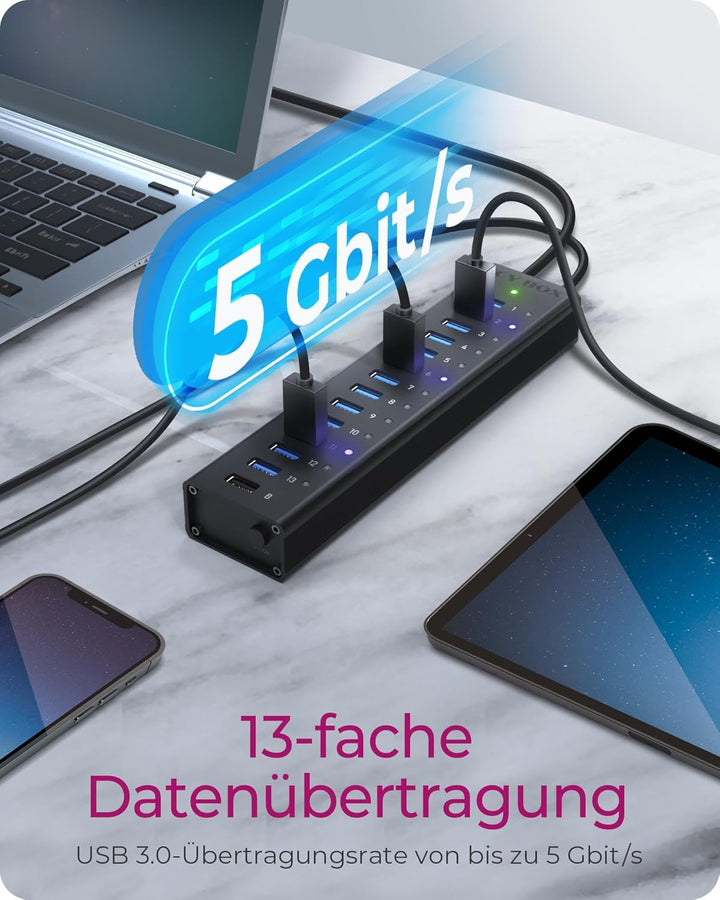 ICY BOX Box IB-AC6113 13-fach USB 3.0 Hub mit 12 V / 5 A Stromadapter, Aluminiumgehäuse und USB-Lade