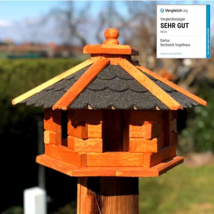 DARLUX Handgefertigtes Sechseck Vogelhaus aus Holz wetterfest M - XXL mit und ohne Ständer, Futterha