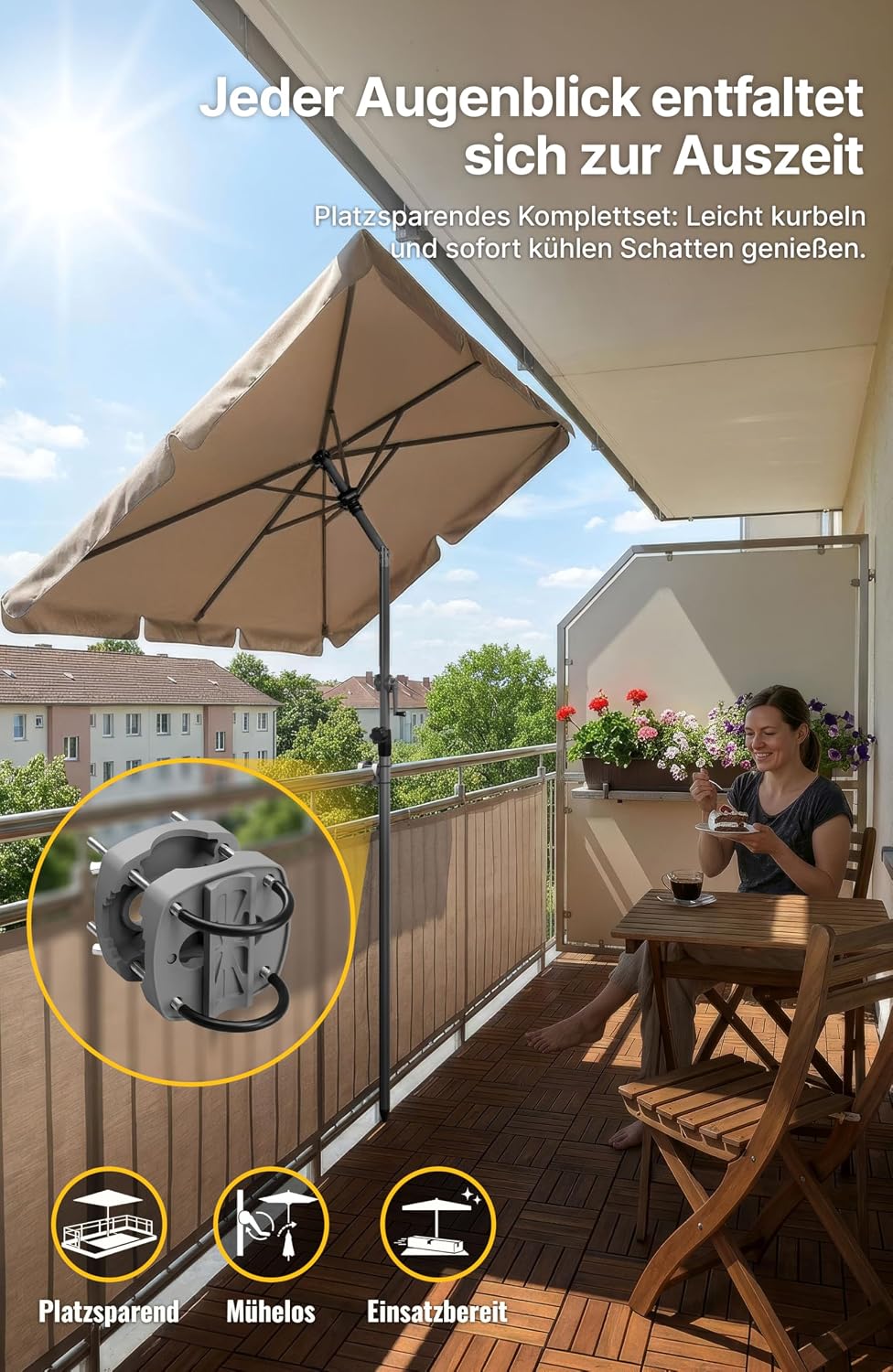 4smile SunnyShade Sonnenschirm Balkon mit Halterung im 3-er-Set, UV 50+, 210x140 cm, Taupe, für Balk