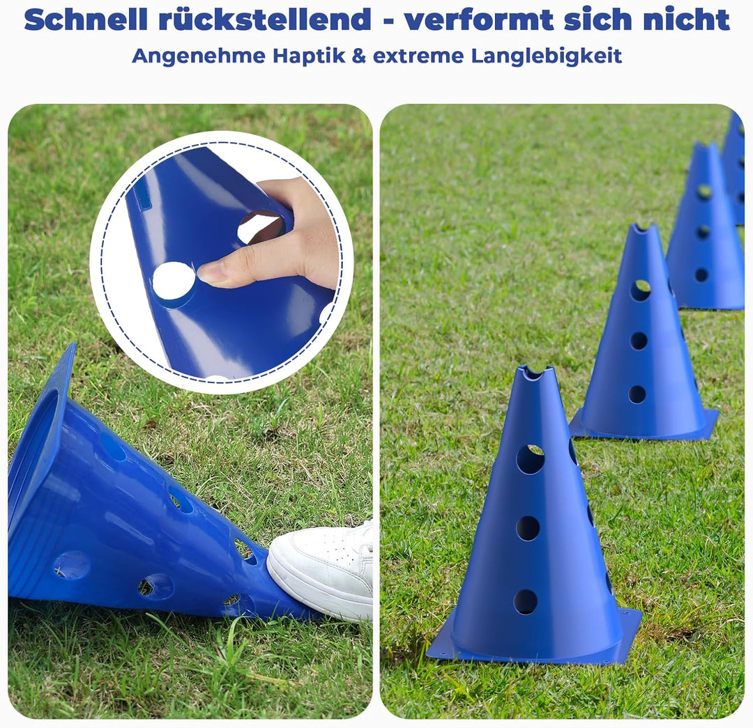 GHB Steckhürdenset 12 Kegel 18 Stangen, Agility Hürden Set Hunde, Fussball Trainingszubehör für Koor