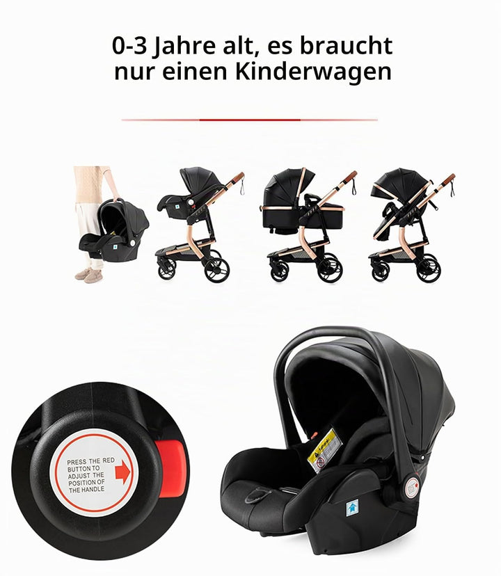 Reenborn PU-Leder Kinderwagen 3 in 1, Buggy mit Ein-Klick-Faltdesign, Kinderwagen mit Zwei Umkehrbar