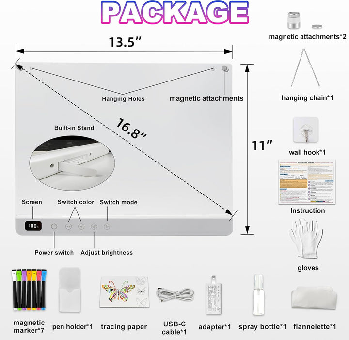 Cosmody LED Zeichenbrett für Kinder mit Ein/Aus-Schalter, Acryl Weiss 1*Zeichentafel, Weiss 1*Zeiche