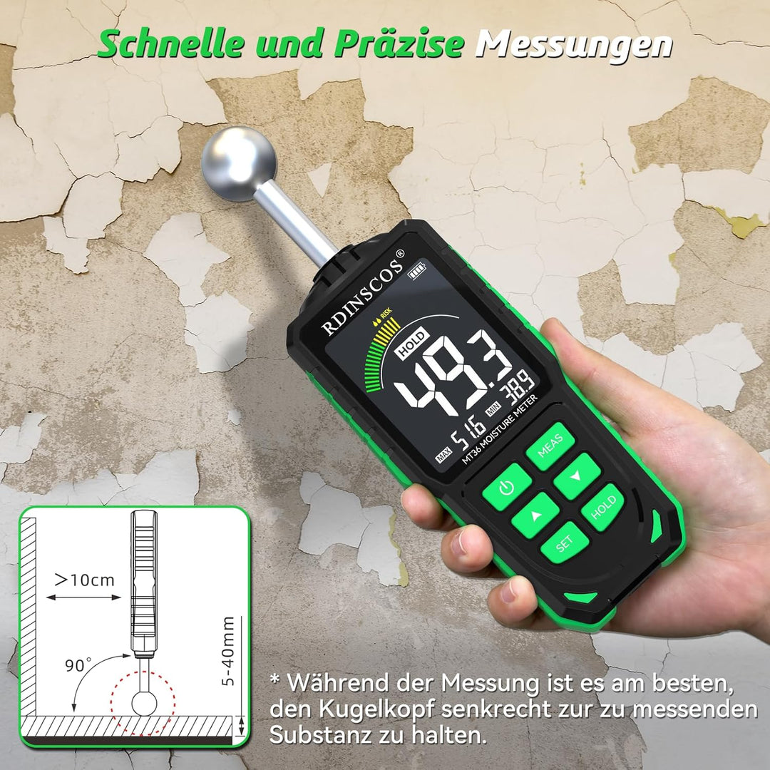 RDINSCOS Kugelform Feuchtigkeitsmessgerät Wand & Holz, Farb-LCD & Akustischer Alarm, Feuchtigkeitsme