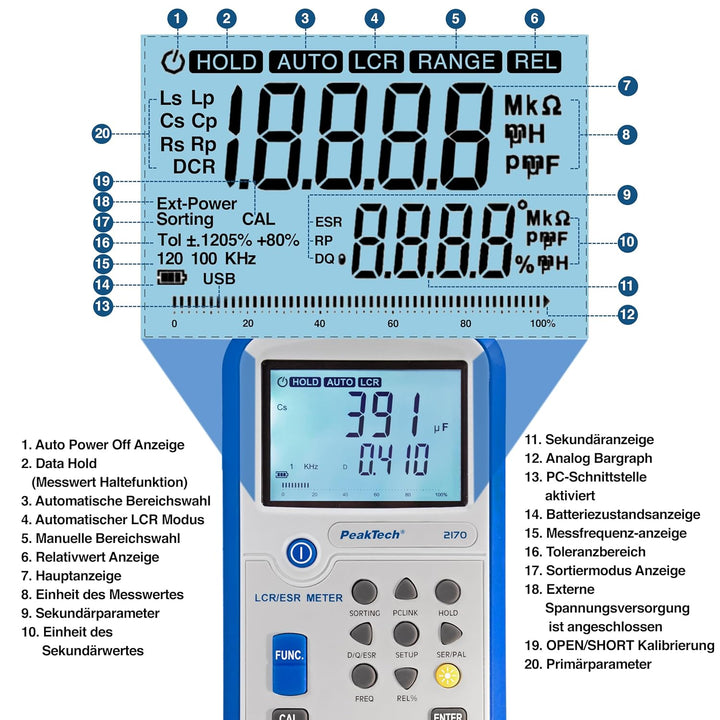 PeakTech 2170 – LCR-Meter, ESR-Messgerät mit USB inkl. Software, LCR Auto-Erkennung, Frequenz 1/120