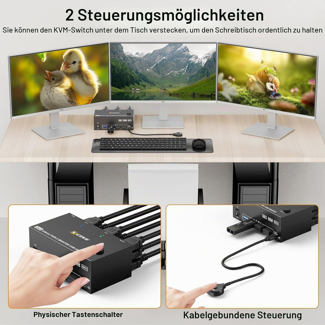 KVM Switch 2 PC 3 Monitore, KCEVE 2 HDMI + 1 DisplayPort KVM Umschalter, USB 3.0 8K@30Hz/4k@144Hz Dr