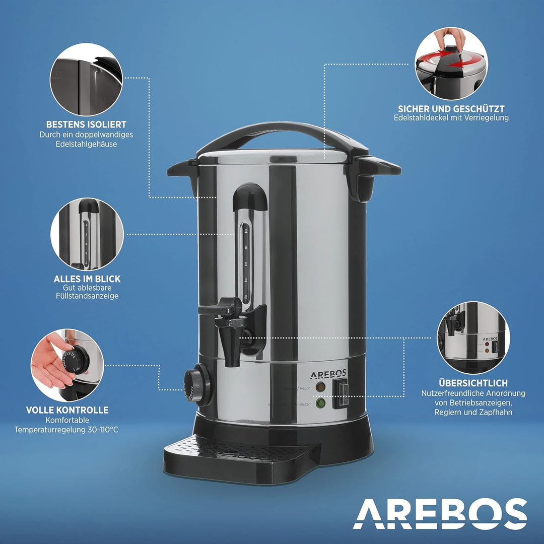 Arebos Glühweinkocher 950 W | Heissgetränkespender | 6,8 L | mit Auffangschale, Auslasshahn, Thermos