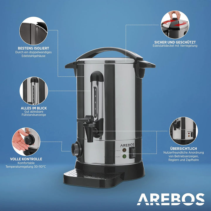 Arebos Glühweinkocher 950 W | Heissgetränkespender | 6,8 L | mit Auffangschale, Auslasshahn, Thermos