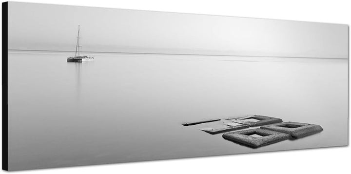 Paul Sinus Art Panoramabild auf Leinwand und Keilrahmen 150x50cm Meer Steine Boot minimalistisch