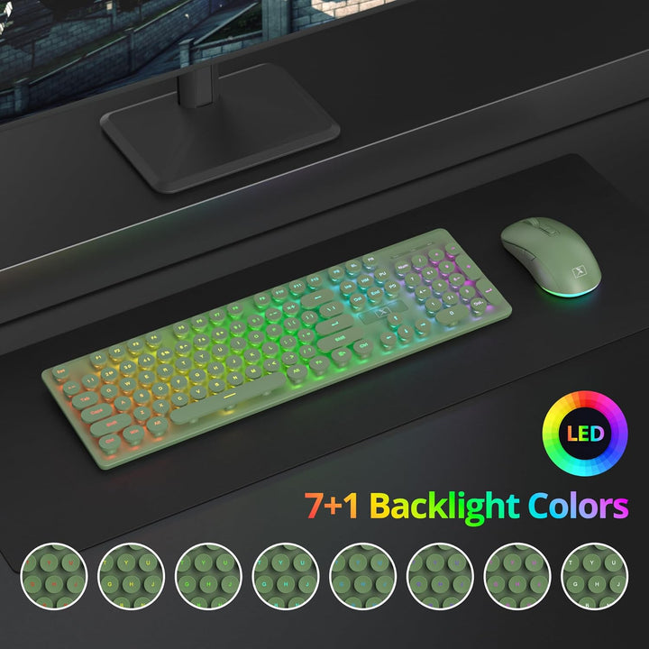 SOLIDEE Beleuchtetes Kabellose Tastatur und Maus Set, 2.4 GHz Wiederaufladbar, Grüne Retro Schreibma