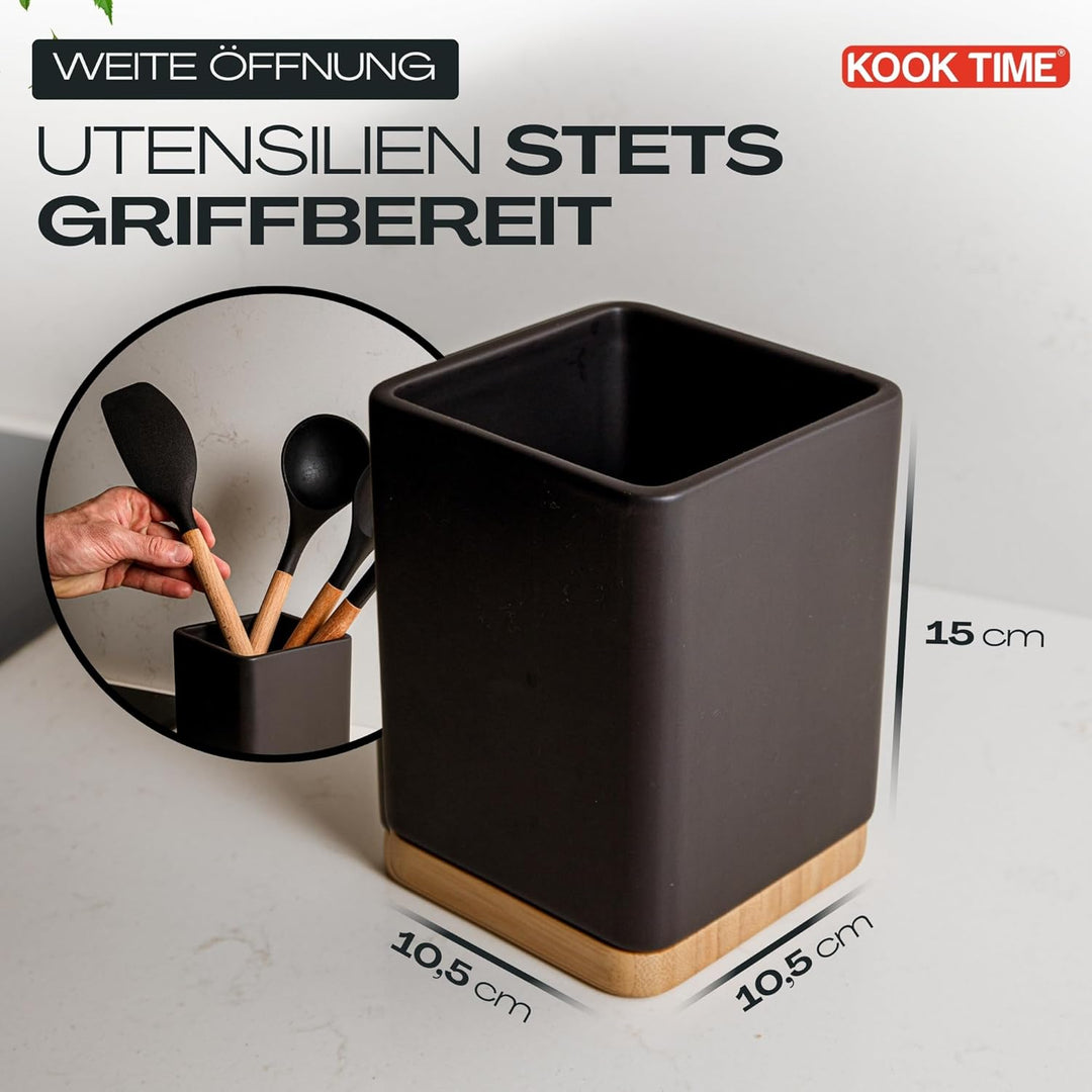 KOOK TIME Küchenutensilienhalter - Utensilienhalter küche aus keramik und Bambus - Quadratischer küc