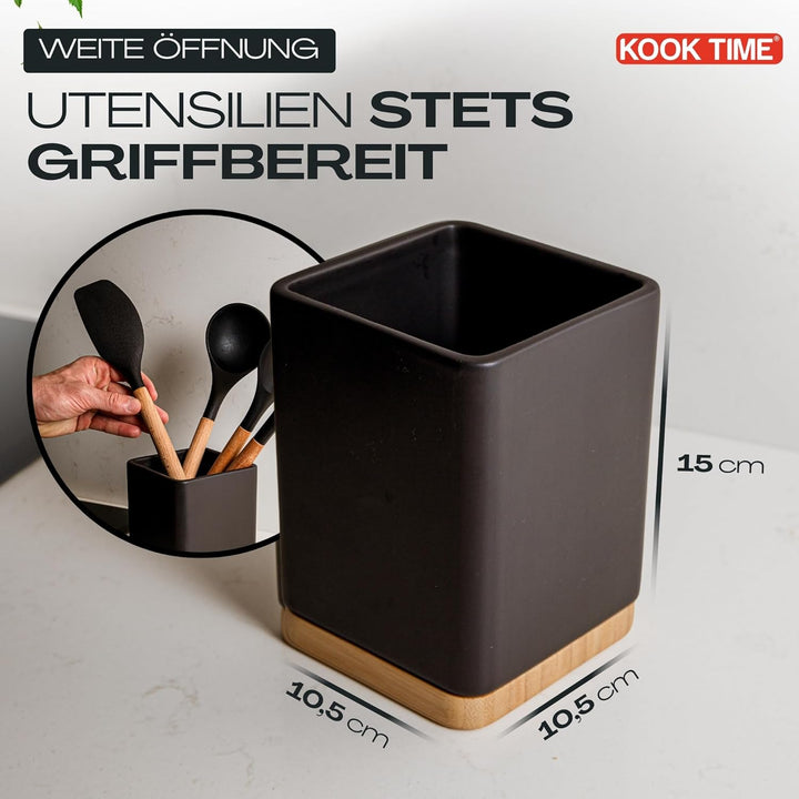 KOOK TIME Küchenutensilienhalter - Utensilienhalter küche aus keramik und Bambus - Quadratischer küc