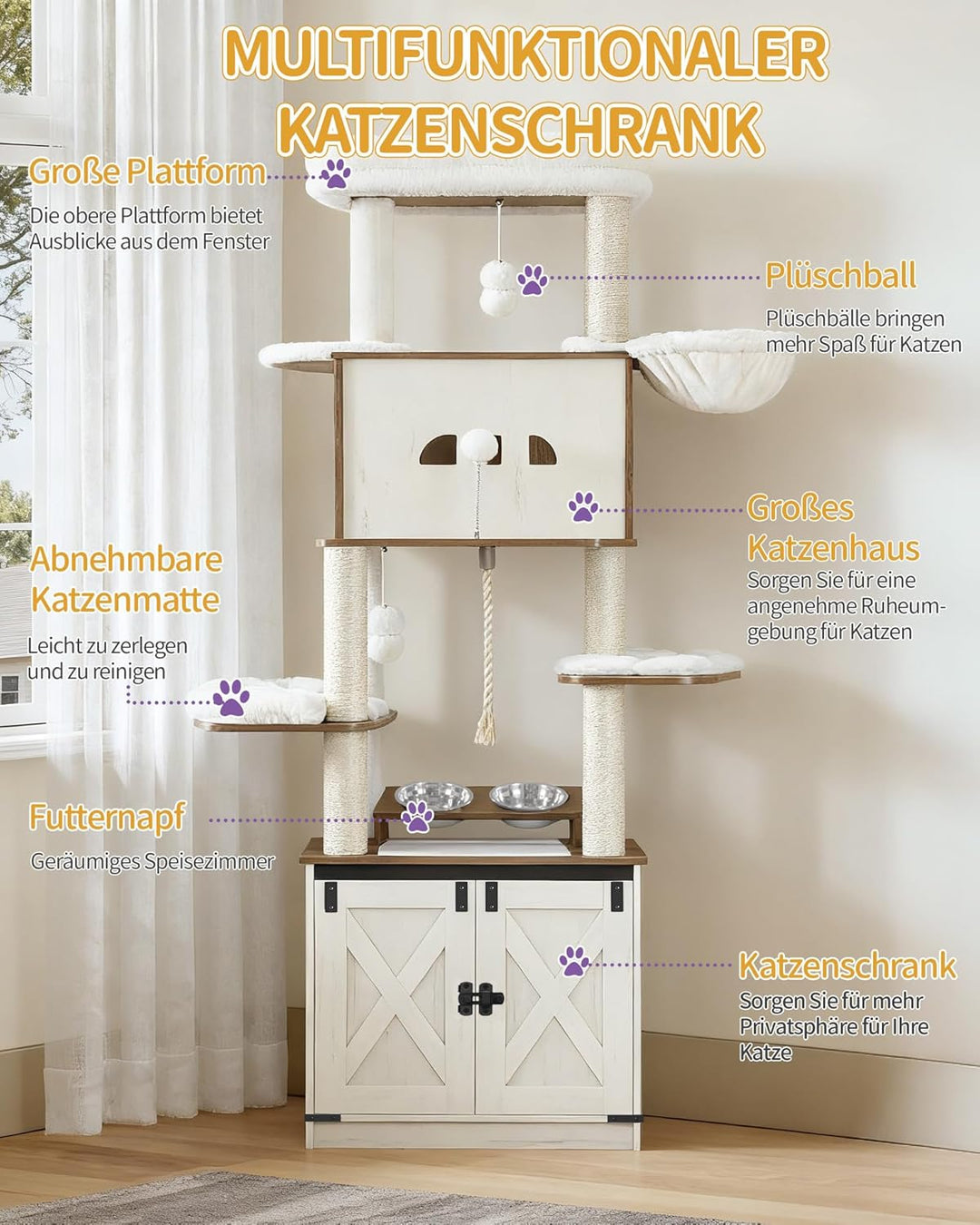 Hzuaneri Kratzbaum, Katzenbaum mit Katzenklo Schrank, Futterstation, 173 cm Hoch, mit Grosser Plattf