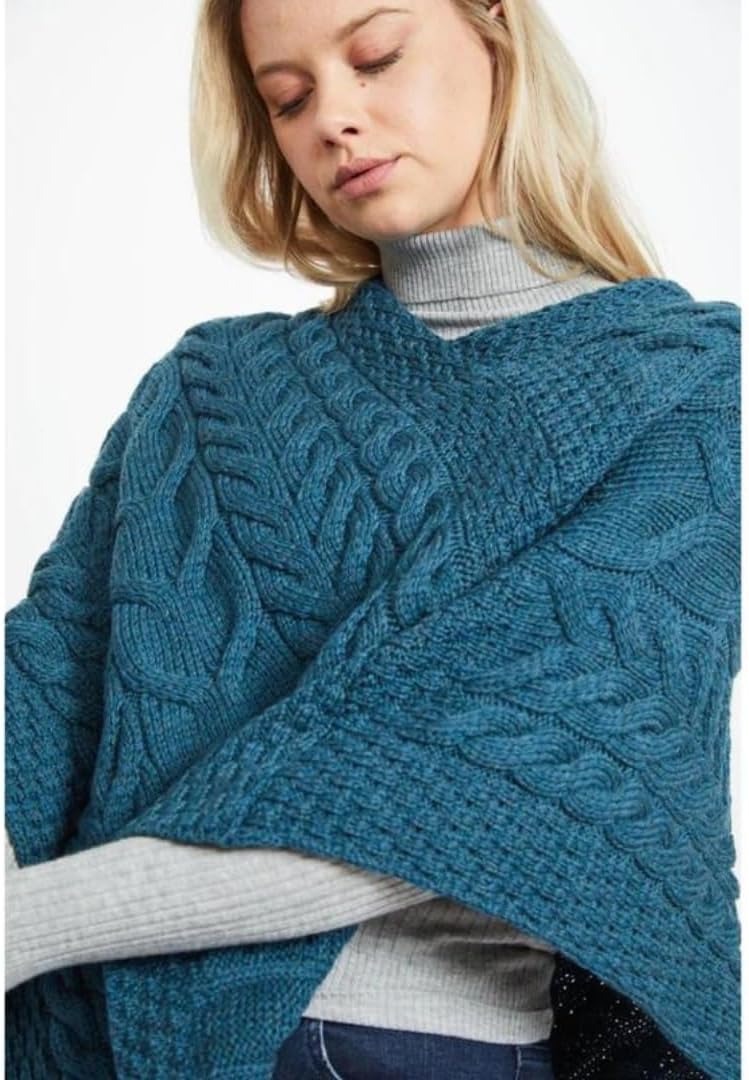Aran Woollen Mills Superweicher Stilvoll Poncho aus 100% Merinowolle Einheitsgrösse Blaugrün/ein Hau