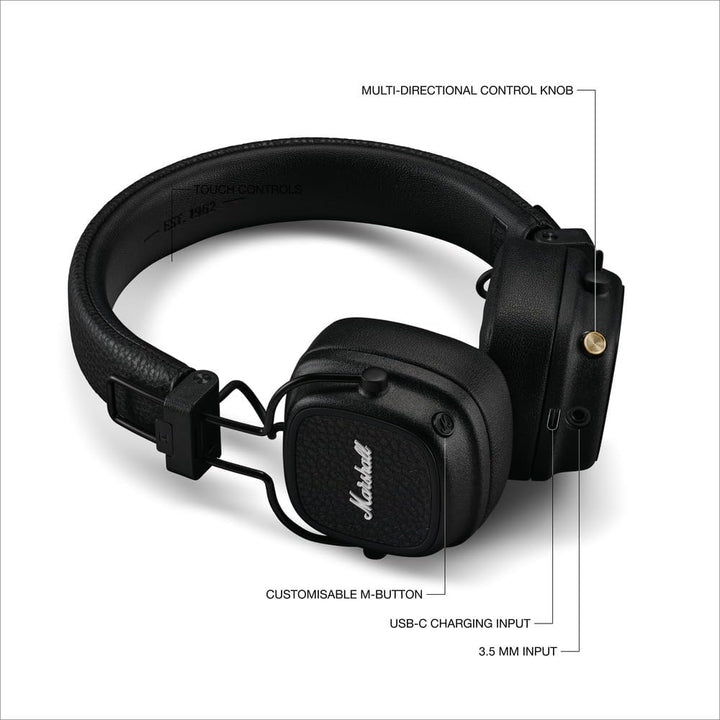 Marshall Major V Bluetooth Kopfhörer, 100 Stunden Spielzeit – Schwarz Schwarz Major V, Schwarz Major