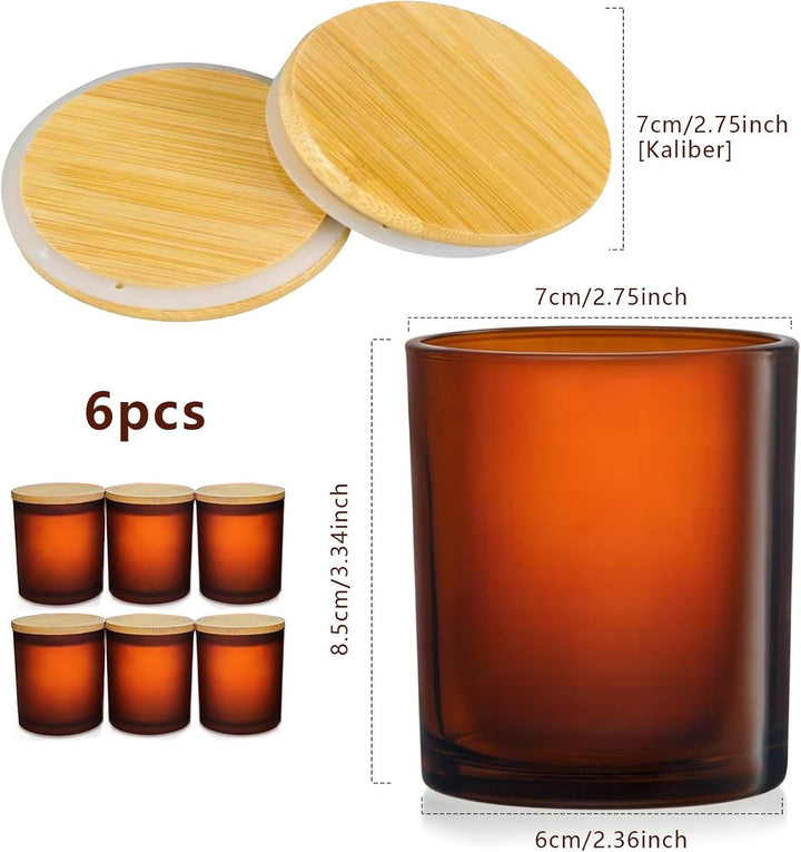 6er-Pack Kerzengläser mit Bambusdeckel (200ml) - 3mm Dickwandiges & Hitzebeständiges Glas - Elegante