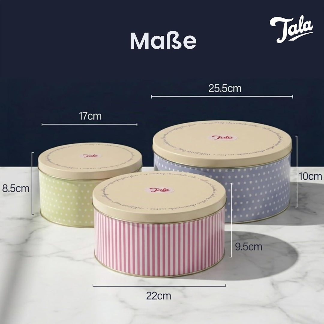 Tala 3er Set Retro-Design Metall Kuchenbehälter | Stapelbar | Für Kuchen, Kekse & Snacks | Grössen: