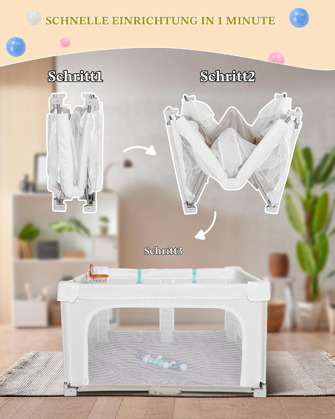 Grosser und Faltbarer Laufstall für Baby: 127 x 127 x 70 cm Playpen,für Drinnen und Draussen,mit 20
