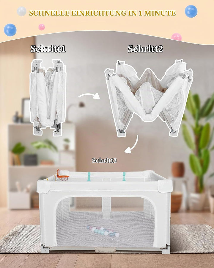 Grosser und Faltbarer Laufstall für Baby: 127 x 127 x 70 cm Playpen,für Drinnen und Draussen,mit 20