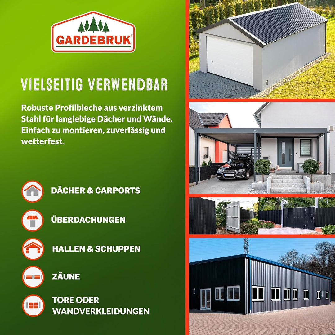 GARDEBRUK® 28x Trapezblech 110x46cm = 14m² Verzinkt Rostresistent Wetterfest Profilblech Dachblech W
