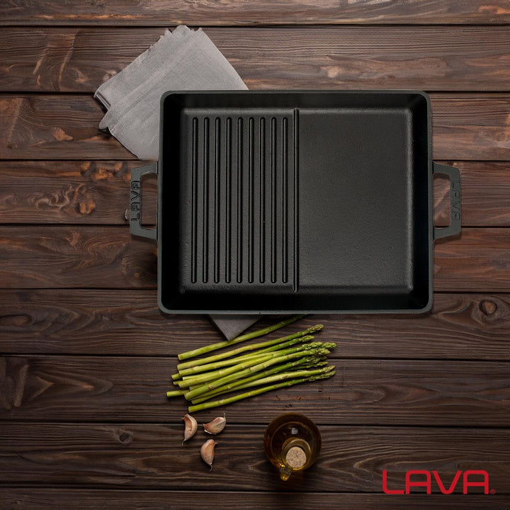 Lava Gusseisen-Doppelseiten-Grillpfanne 26x32 cm – emaillbeschichtet, vielseitig genutzt, herd- und