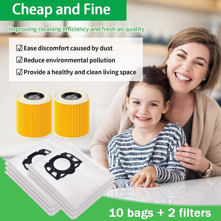 10 Staubsaugerbeutel mit 2 Filter Ersatz für Kärcher WD3 WD2 WD1 MV2 MV3 SE 4002, Filterset KFI 357