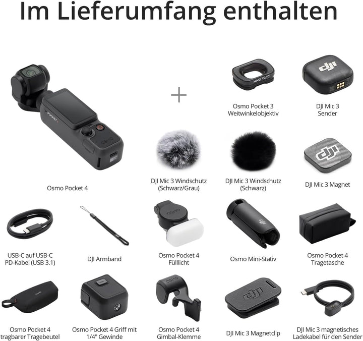 DJI Osmo Pocket 4 Kreativ Combo, Pocket Gimbal Vlog Kamera, 1″ CMOS, 4K/240fps, 3-Achsen-Stabilisier