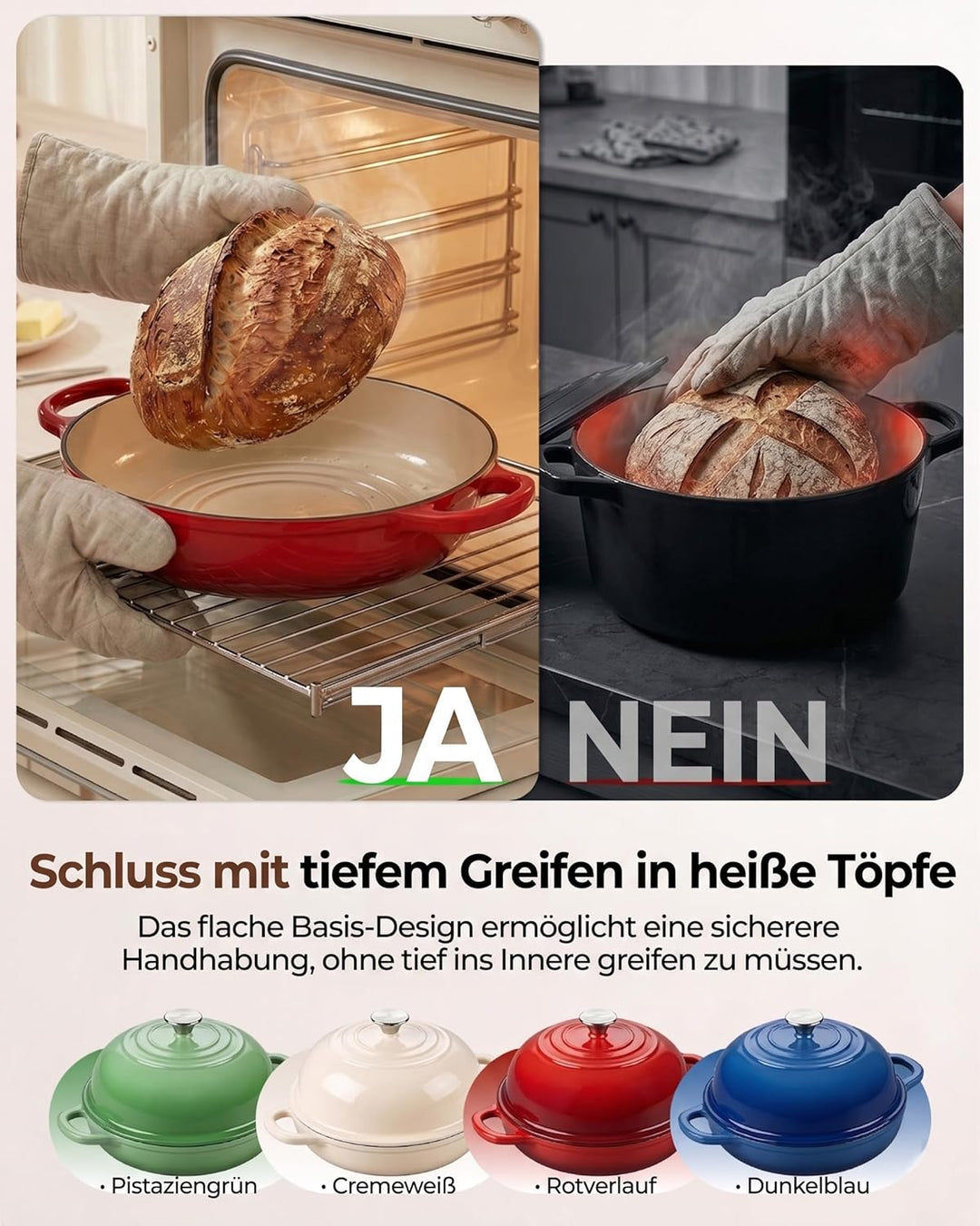 Gusseisen Topf Brot Backen, 4,7L Bräter Emaille Schmortopf mit Deckel und Griffen, 24 cm Dutch Oven,