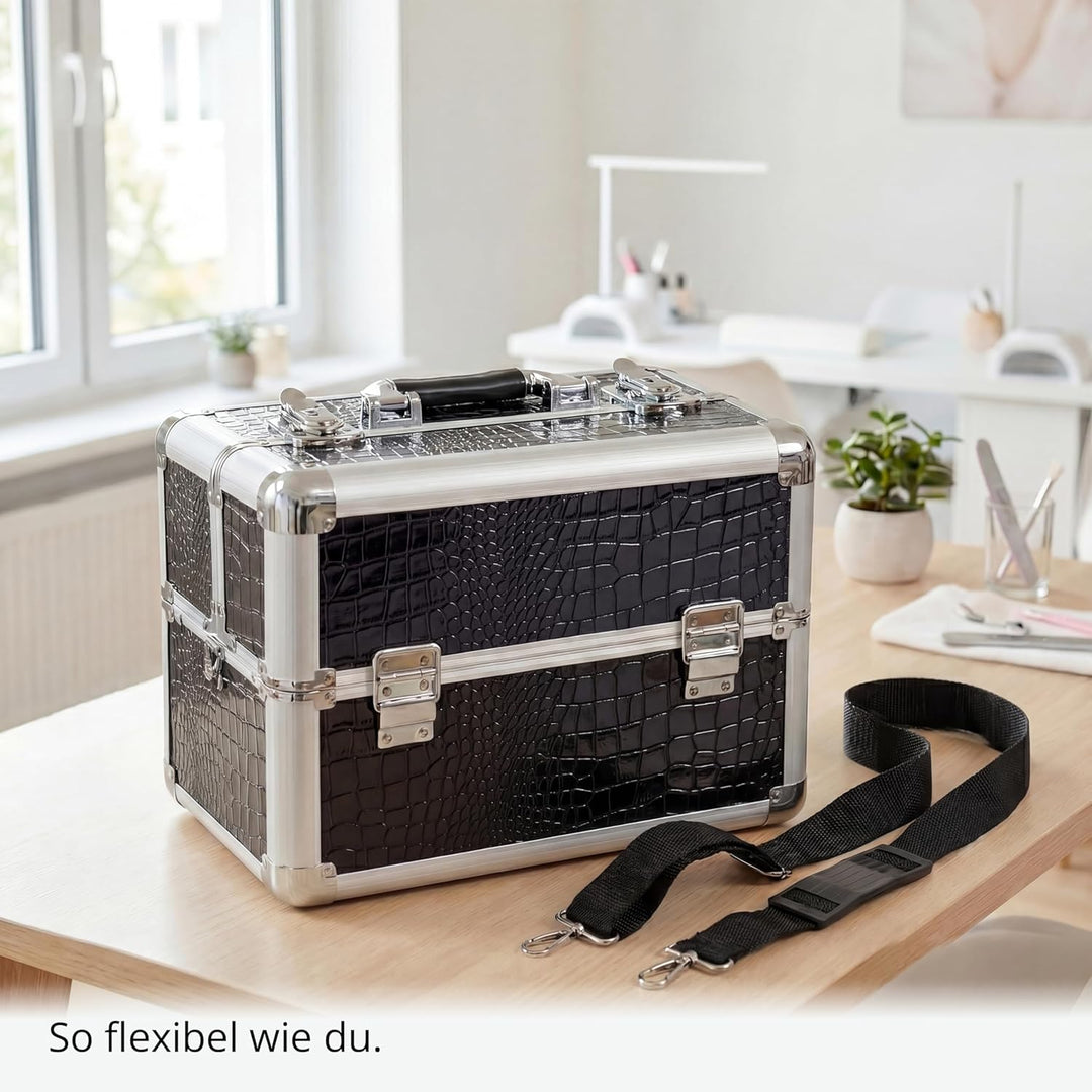 NAILS FACTORY | N&BF Kleiner Profi Kosmetikkoffer in Schwarz | Robust Dank ABS Kunststoff & hochwert