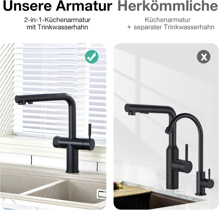 Faustina 3 Wege Küchenarmatur mit Brause ausziehbar, Doppelhebel Armatur Wasserhahn Spültischarmatur