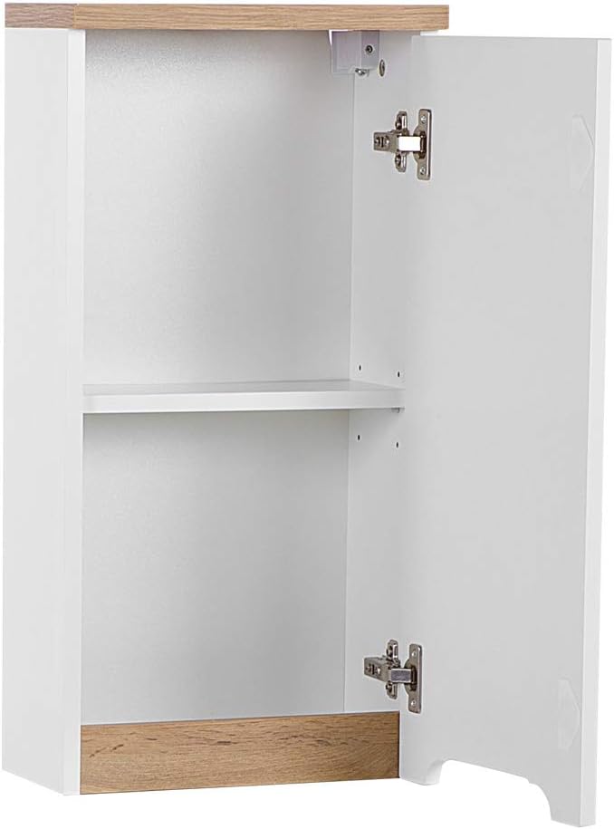 Lomadox Badezimmer Hängeschrank Hochglanz weiss mit Wotaneiche, 1 Tür, 1 EInlegeboden, B/H/T: 35/70/