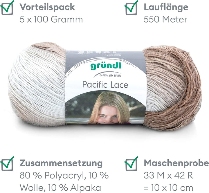 Gründl Pacific Lace (Farbverlaufsgarn mit wollartigem Charakter aus 80 % Polyacryl, 10 % Wolle, 10 %