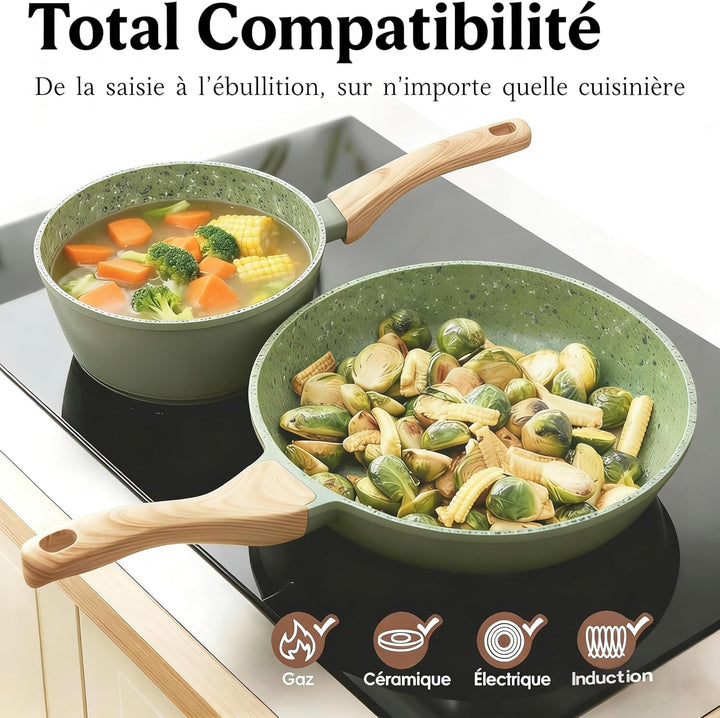 Jovire Topfsets Pfannenset, 3-Teilig 24cm Schweizer Granit Beschichtung Pfanne Set, Antihaft-Keramik