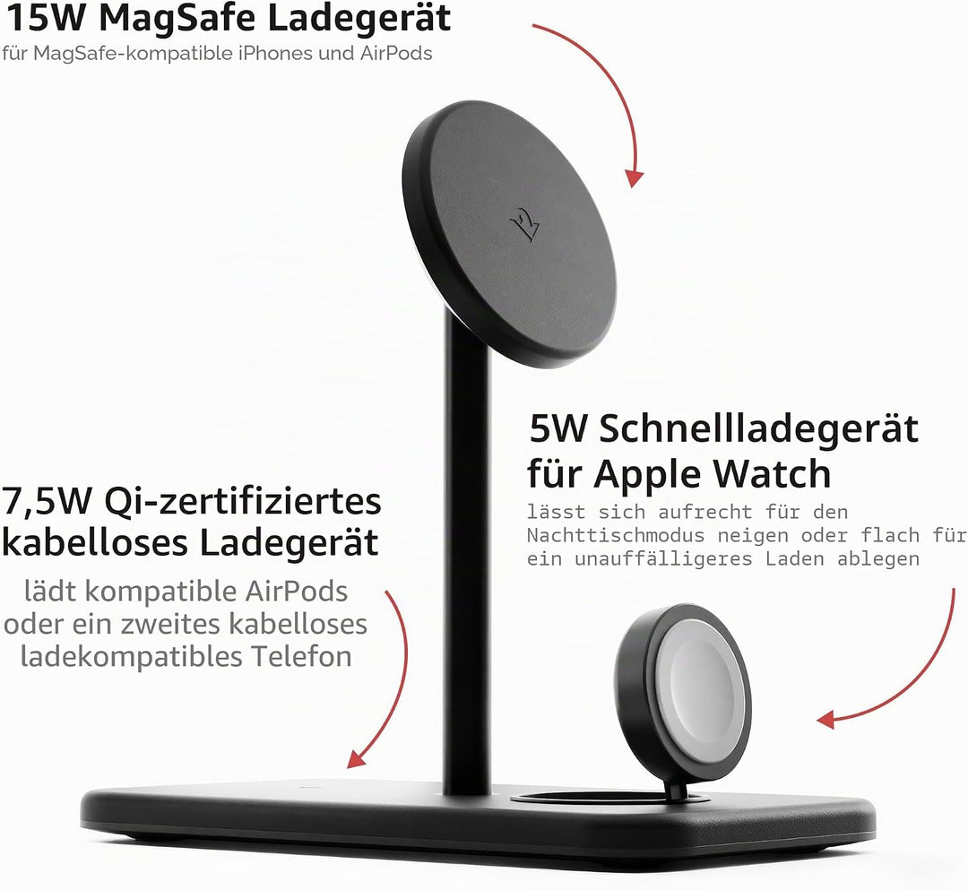 Twelve South HiRise 3 Deluxe | Compact Luxury MagSafe Stand for iPhone, AirPods and Apple Watch, Sch
