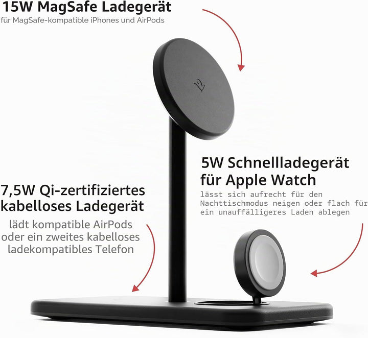 Twelve South HiRise 3 Deluxe | Compact Luxury MagSafe Stand for iPhone, AirPods and Apple Watch, Sch