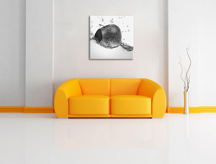 Pixxprint Köstlicher Apfel fällt ins Wasser Schwarz/Weiss, Format: 70x70 auf Leinwand, 70x70