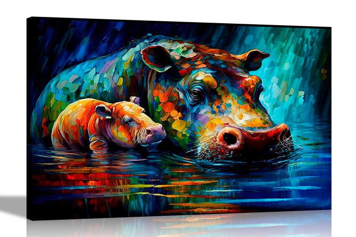 Artley Prints - Nilpferd im Teich mit Kleinkind Abstrakt Leinwandbilder für Wohnzimmer, Schlafzimmer
