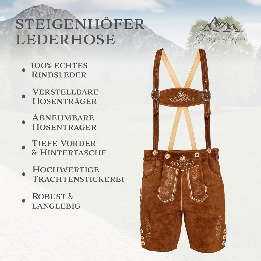 STEIGENHÖFER Lederhose Herren Tracht kurz - Anton - Trachtenhose mit Trägern - 100% Rindsleder - Tra