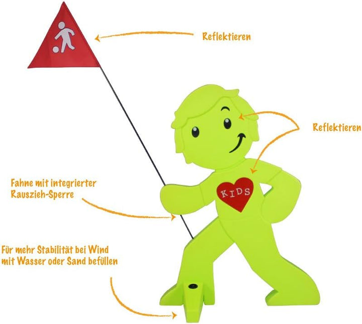 StreetBuddy - Warnfigur mit Fahne, reflektierender Warnaufsteller für Kindersicherheit - Achtung lan